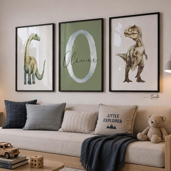 Personalized Green Dinosaur Nursery Wall Art Set of 3, Watercolor Brachiosaurus T-Rex Prints, Dino Boys Bedroom Decor, Custom Name Art
