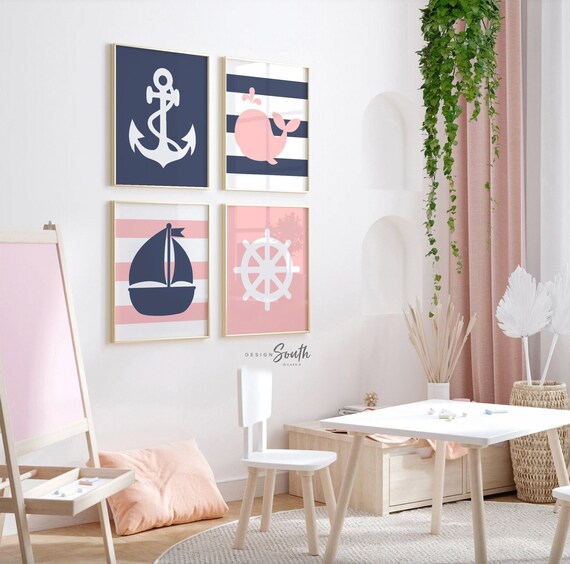 Pink and navy nautical nursery decor, girls pink navy whales, whale nursery, sailboat nursery girls, pink bedroom decor, pink nautical decor