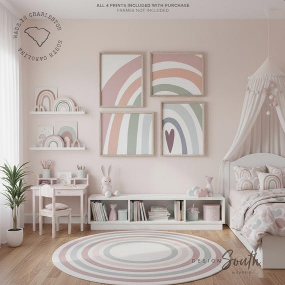 Mauve Rainbow Nursery Art Prints: Soft Colors, Rainbow Hearts