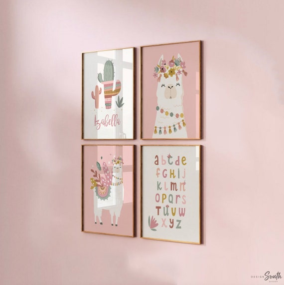 Mauve pink llamas, little girl bedroom art llama themed, baby girl llama art flower crowns, girl boho llamas, boho baby room mauve colors