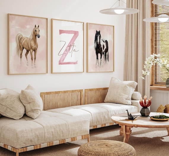 Personalized Horse Wall Art Set of 3, Girls Horse Nursery Decor, Palomino & Gypsy Vanner Prints, Pink Monogram Equestrian Room Art