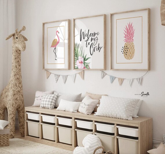 Welcome to my crib print art set, above crib tropical wall, flamingo nursery decor, baby room decor, newborn flamingo nursery pink and gold