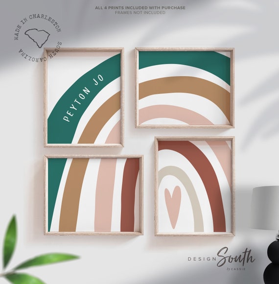 Emerald tan sienna kids art, gender neutral nursery personalized name, custom name kids room decor, wall art rainbow themed, child playroom