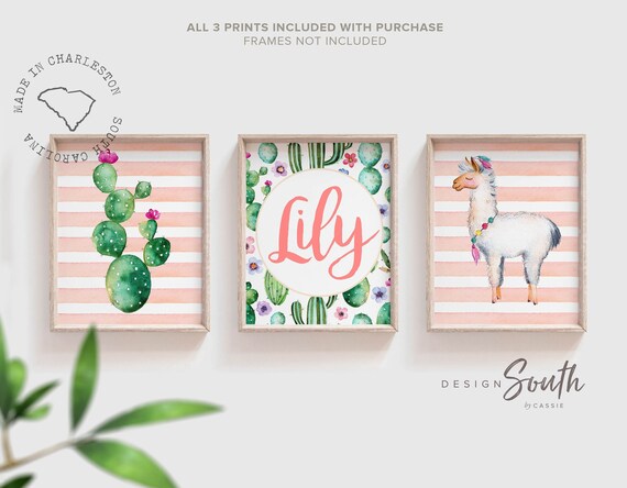 Succulent kids room art, personalized name, baby gift boho, desert cactus, baby shower llama cactus succulents, llama prints, girls room art