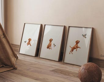 Fox Red Labrador Retriever Nursery Wall Art Set of 3, Hunting Dog Prints, Mallard Duck Bird Dog Decor, Kids Playroom Gift