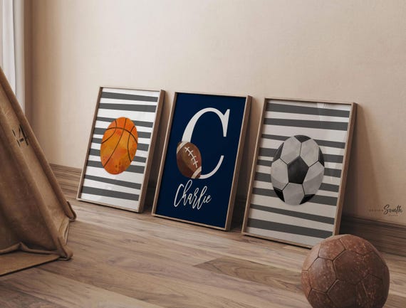 Sports home decor boy name, sports poster boy room, sports wall art, little boy gift, artwork wall crib sports theme, basketball soccer ball