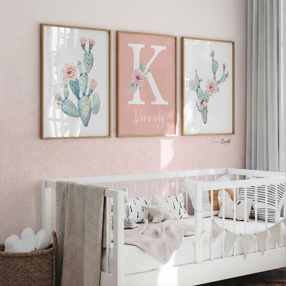 Floral Cactus Nursery Art: Personalized Baby Girl Prints