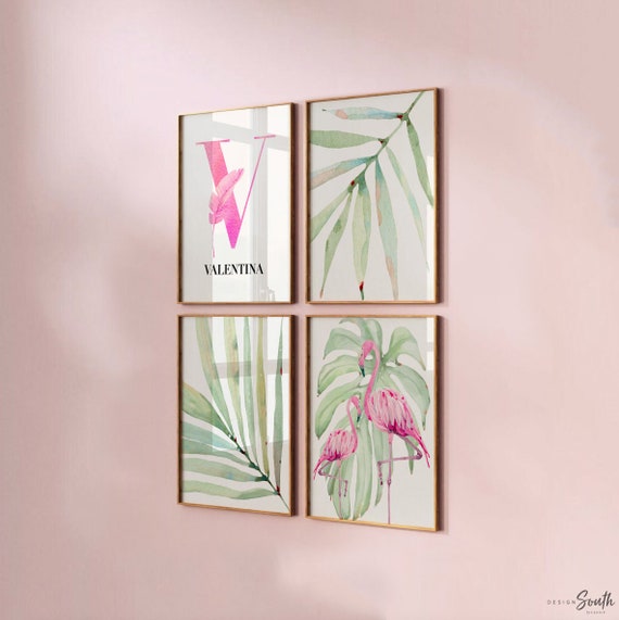Tropical flamingo nursery, pink green nursery tropical baby, monstera leaf tropical theme baby, trendy nursery wall art decor baby girl gift