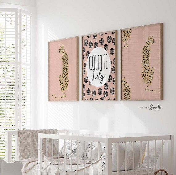 Chic trendy girl nursery, pink spotty nursery, cheetah print nursery, safari animal nursery art girl, baby pink cheetah girls name modern