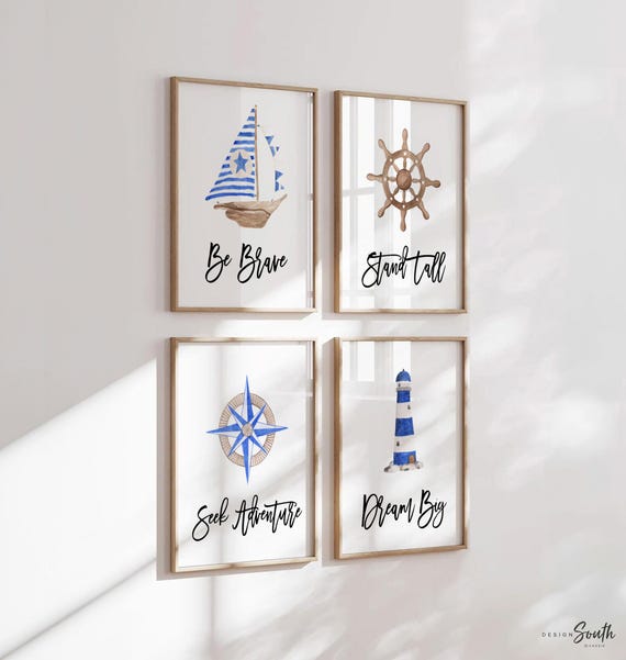 Nautical Baby Boy Nursery Art Prints: Anchor, Compass, Sailboat