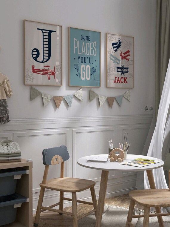 Vintage Airplane Nursery Art: Red & Navy Aviation Prints