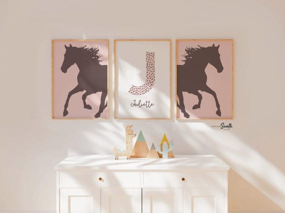 Horse personalized art, set of 3 horse prints, little equestrian inspired bedroom or nursery, pink cowgirl decor, baby western nursery print