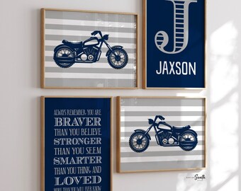 Kinderkamerkunst motor: marineblauwe en grijze prints