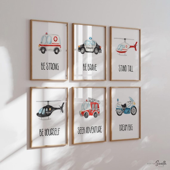 Rescue vehicle wall art, emergency vehicles nursery art, toddler room decor, big boy bedroom, transportation nursery, vehicles wall art set