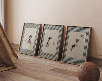 Vintage Bird Dog Print Set: German Shorthaired Pointer Puppy Art in Blue & Neutral Stripes