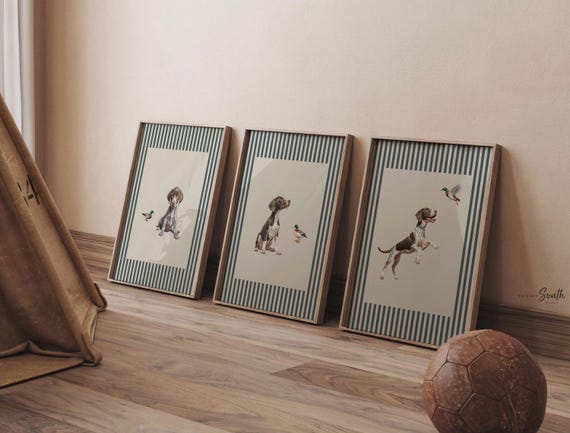 Vintage Bird Dog Print Set: German Shorthaired Pointer Puppy Art in Blue & Neutral Stripes