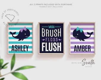 Personalized Whale Sisters Bathroom Prints: Teal & Purple Girls Room Art