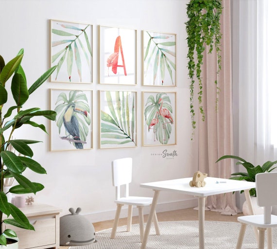 Tropical nursery gallery wall baby girl prints, flamingo tropical leaves room, personalized baby gift pink flamingo, tropical shower gift