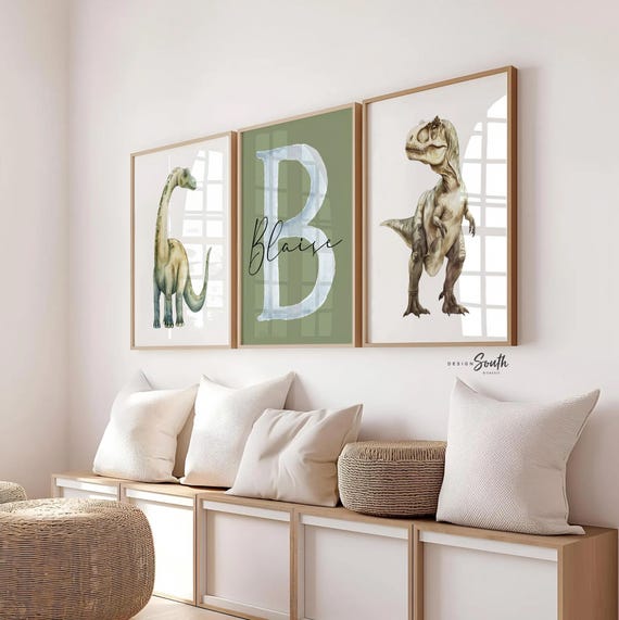 Personalized Green Dinosaur Nursery Wall Art Set of 3, Watercolor Brachiosaurus T-Rex Prints, Dino Boys Bedroom Decor, Custom Name Art
