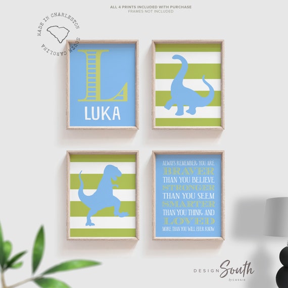 Boys bedroom dinosaur name print customized, blue and green boys dinosaur art, toddler kids dinosaur playroom wall, inspirational quote boy