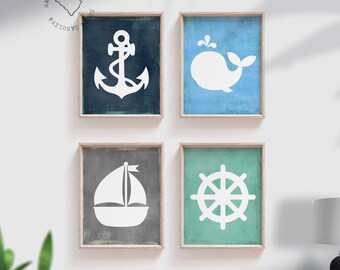 Nautical Nursery Art Prints: Anchor, Whale, Sailboat, Wheel (Set of 4)