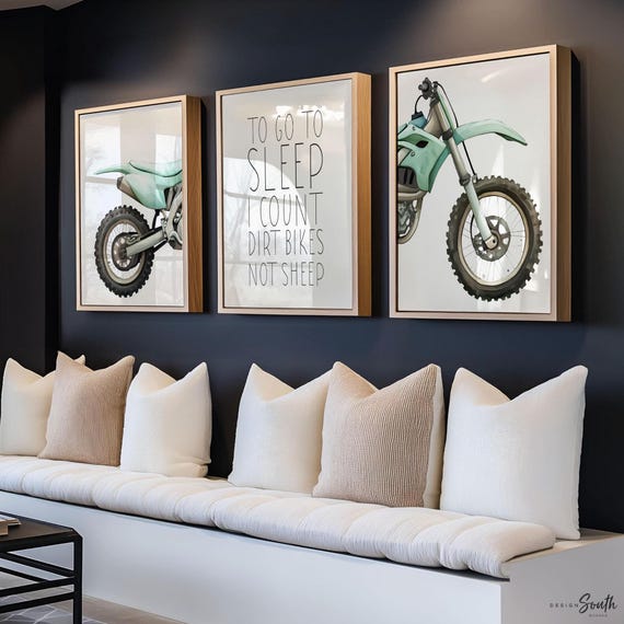 Teal Green Dirt Bike Prints Set: Boy Room Decor, Motocross Wall Art