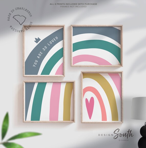 Girl nursery decor, rainbow themed nursery decor pink teal, girl nursery monogram print, personalized name rainbow gift, little girl bedroom