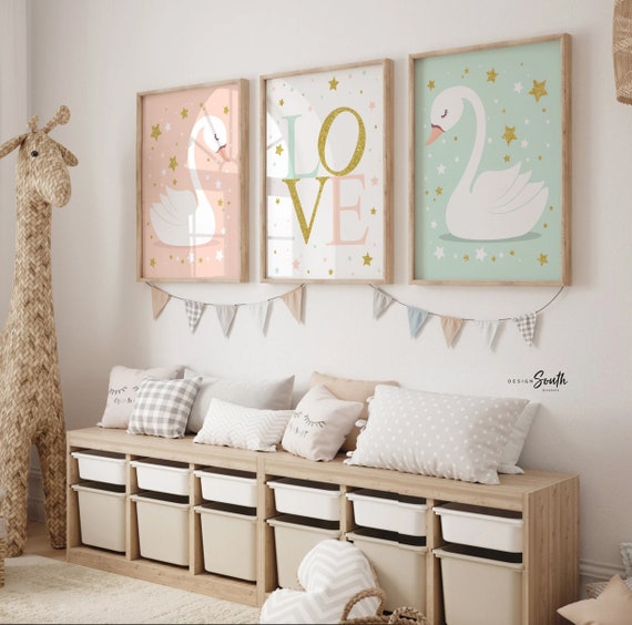 Love print set nursery wall, swan gift for little girl room, swan nursery decor, baby girl love print, swan print, wall art girl bedroom