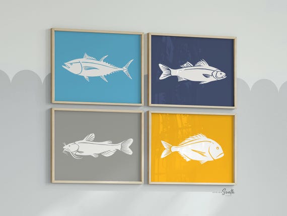 Fish nursery decor, boys fishing outdoors adventure nursery decor, fish prints for boys room, blue yellow fish wall art prints little boys