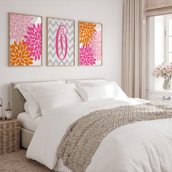 Pink Orange Floral Nursery Art: Personalized Initial Print Set