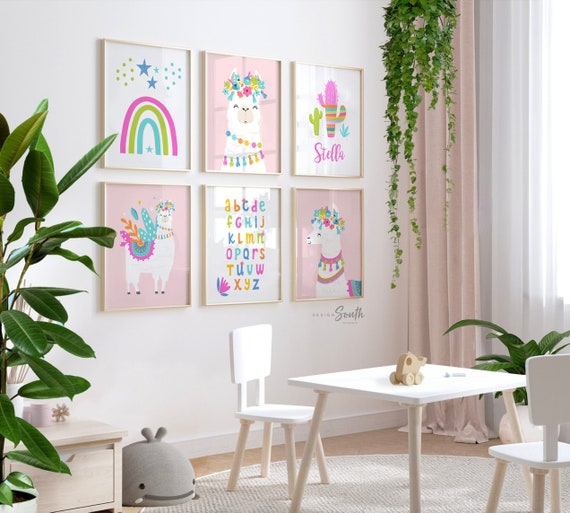 Bright colorful llama art, personalized name sign with llamas flowers, cactus rainbows stars llamas art prints, set of 6 art prints llamas