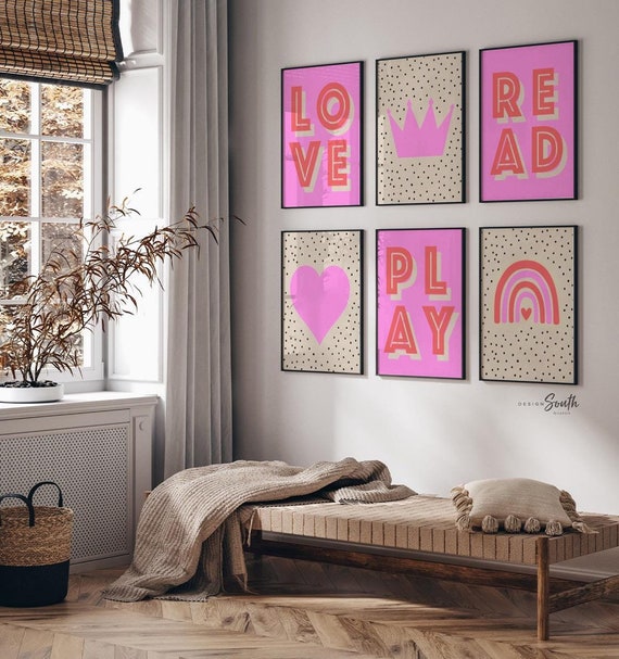 Girls pink retro bedroom playroom or nursery art, rainbow heart crown love play read decor, decor for girls room, hot pink wall decor girls