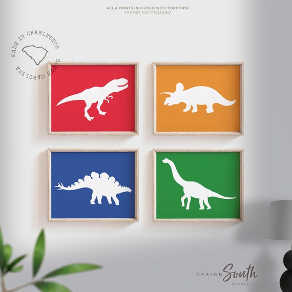 Playroom dinosaur art, playroom decor dinosaurs, red green blue orange dinosaurs, dinosaur wall decor, dinosaur wall art kids, boys trex art