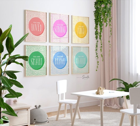 Kids positive affirmation wall art poster printables, pastel rainbow colored room decor, children playroom ideas, pastel baby nursery art