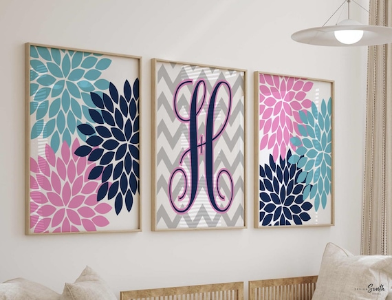 Girls bedroom art, navy and pink girls bedroom, pink and blue nursery wall decor, pink and navy, flower bedroom wall art, nursery wall decor