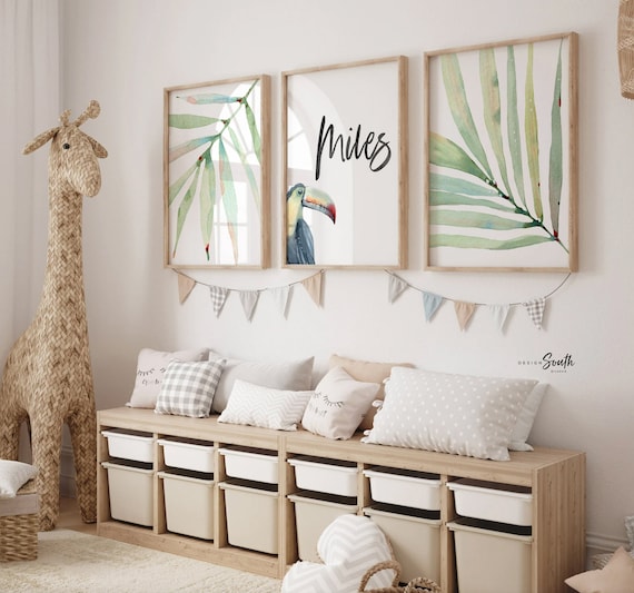 Boy's name sign tropical toucan, boy tropical print set nursery, tropical baby boy shower gift, newborn above crib art idea palm custom name