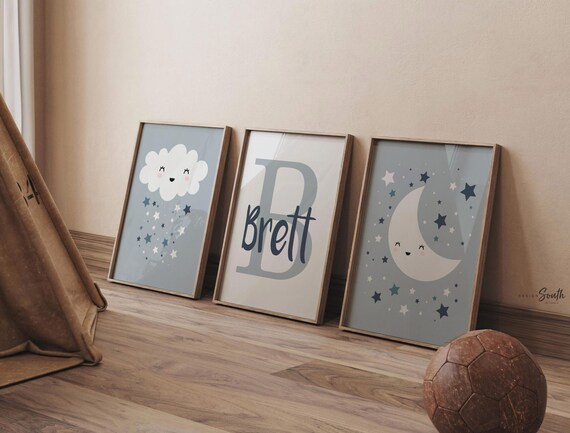 Baby boy nursery wall art, personalized boys name, baby blue and gray, moon & stars, nursery art for boy, idea for nursery, neutral boys art