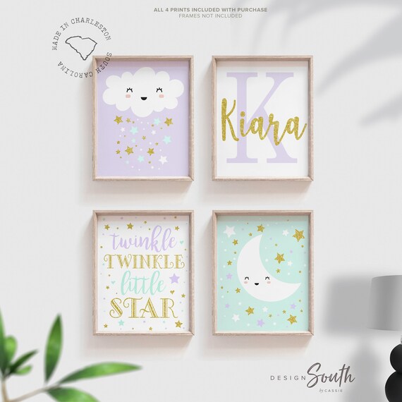 Lilac and mint girls room, baby shower gift girl, personalized girls art, decor moon cloud stars, wall art for girls, bedroom art for girls