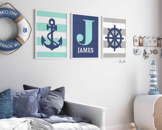 Nautical Nursery Art Prints: Anchor, Ship Wheel, Personalized Name (Unframed)