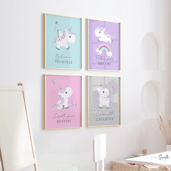 Unicorn nursery art set of four, rainbows butterflies unicorns flowers decor, cute baby unicorn nursery wall art, aqua pink purple unicorns