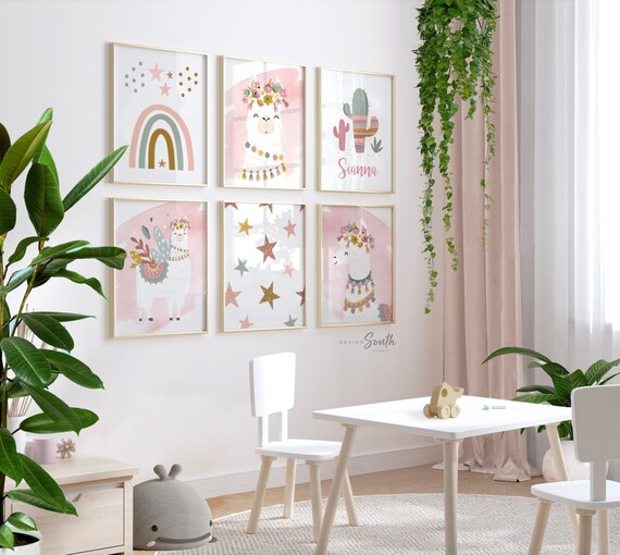 Boho baby room decor, baby girl nursery ideas mauve pink, bohemian style nursery art print set for girl, personalized gift girl boho llama