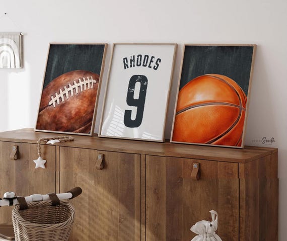 Custom Football Basketball Jersey Number Prints, Vintage Sports Nursery Wall Art (Set of 3)