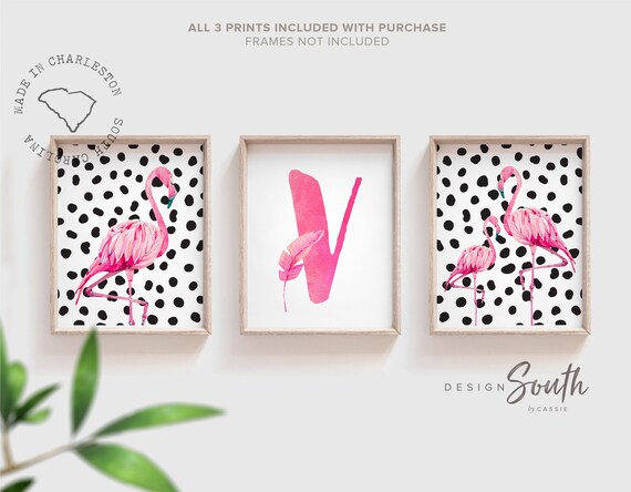 Baby girl nursery tropical themed art prints, personalized initial pink, stylish trendy modern baby nursery idea, kid pink flamingo wall art