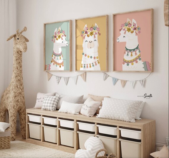 Neutral nursery soft boho colors baby room, elegant neutral girl's wall art, modern boho baby decor llamas, nursery alpaca llama theme child