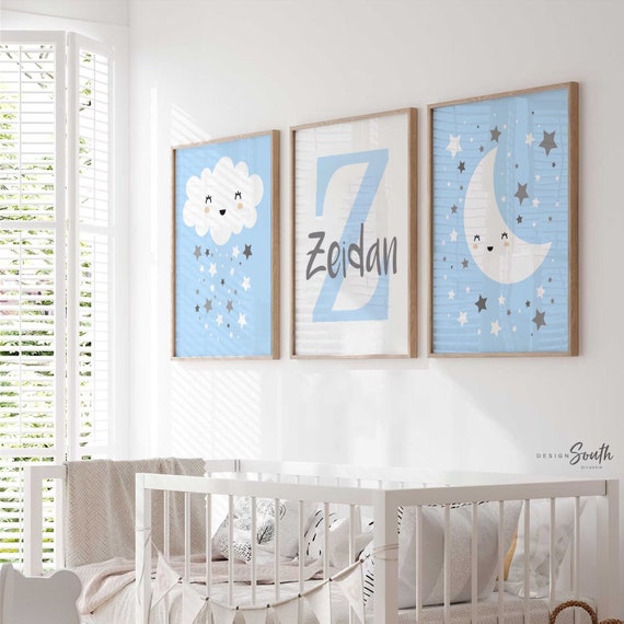 Baby boy nursery wall art, personalized gift boys name, baby blue and gray, moon and stars, nursery art for boy, idea for nursery, baby blue