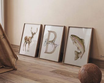 Buck Deer & Rainbow Trout Wall Art Set of 3, Personalized Name Initial Prints, Hunting Fishing Boy Nursery Decor Gift