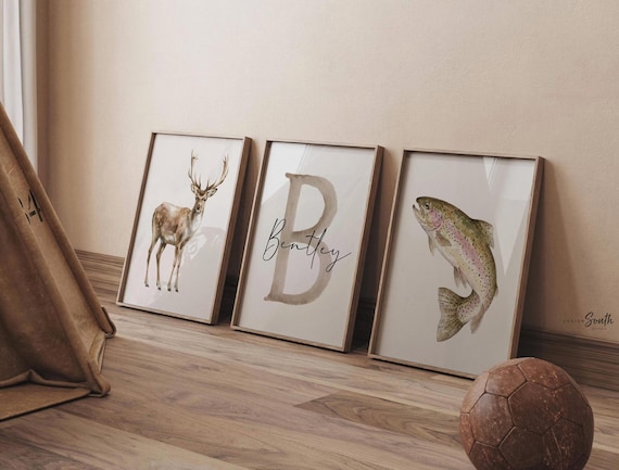 Buck Deer & Rainbow Trout Wall Art Set of 3, Personalized Name Initial Prints, Hunting Fishing Boy Nursery Decor Gift