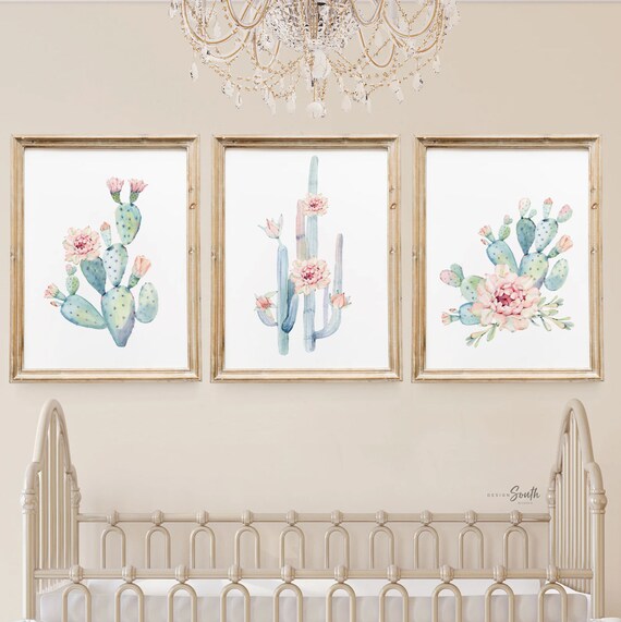 Cactus Flower Nursery Art Prints: Blush Pink Desert Bloom