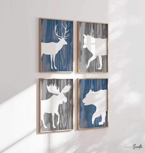 Woodland animal nursery, woodland animal decor, woodland forest animal art for boy room, baby boy rustic art, navy blue and gray boy bedroom