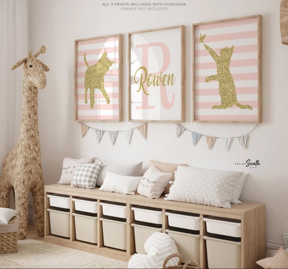 Pink and gold baby kitty cat art prints, personalized cat gift, birthday cat theme gift for girl, kitten pictures nursery, wall art kittens